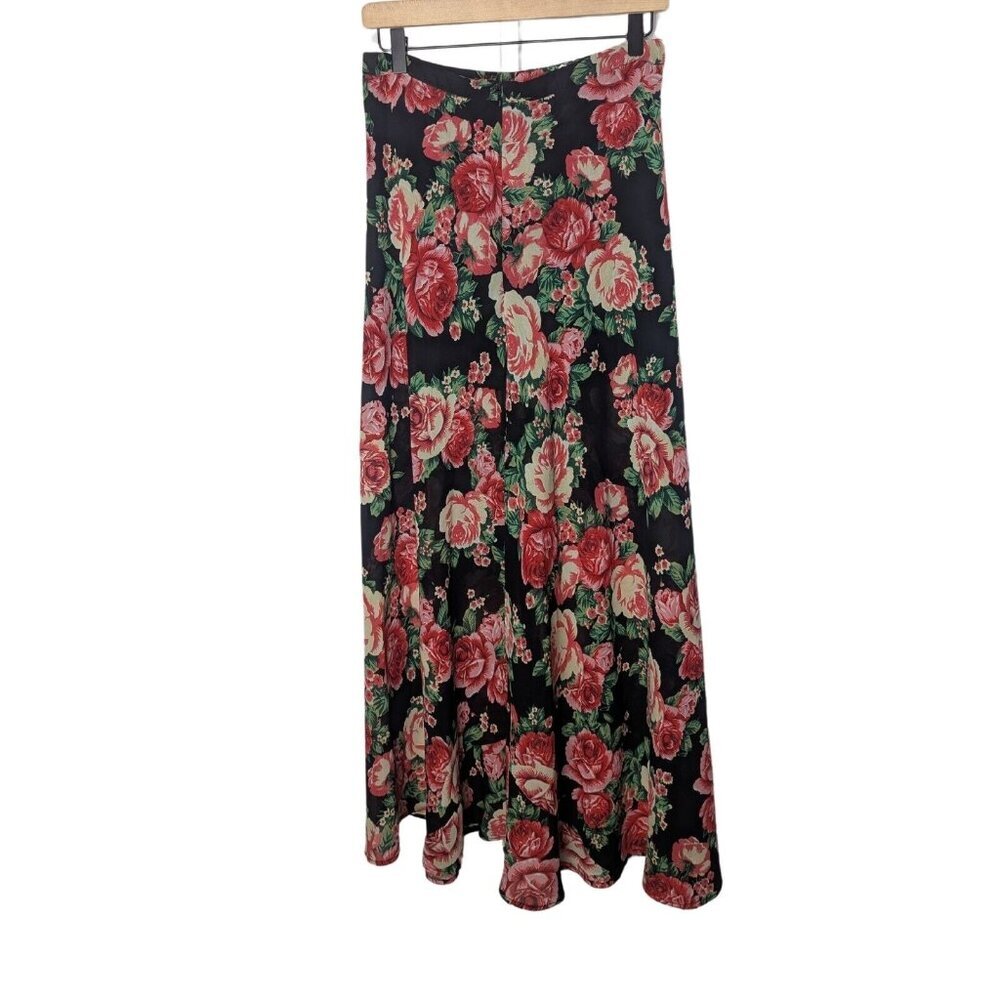 Vintage Black Floral Maxi Skirt Romantic Cottagecore Slit Boho Festival Sheer Sm - Picture 2 of 6